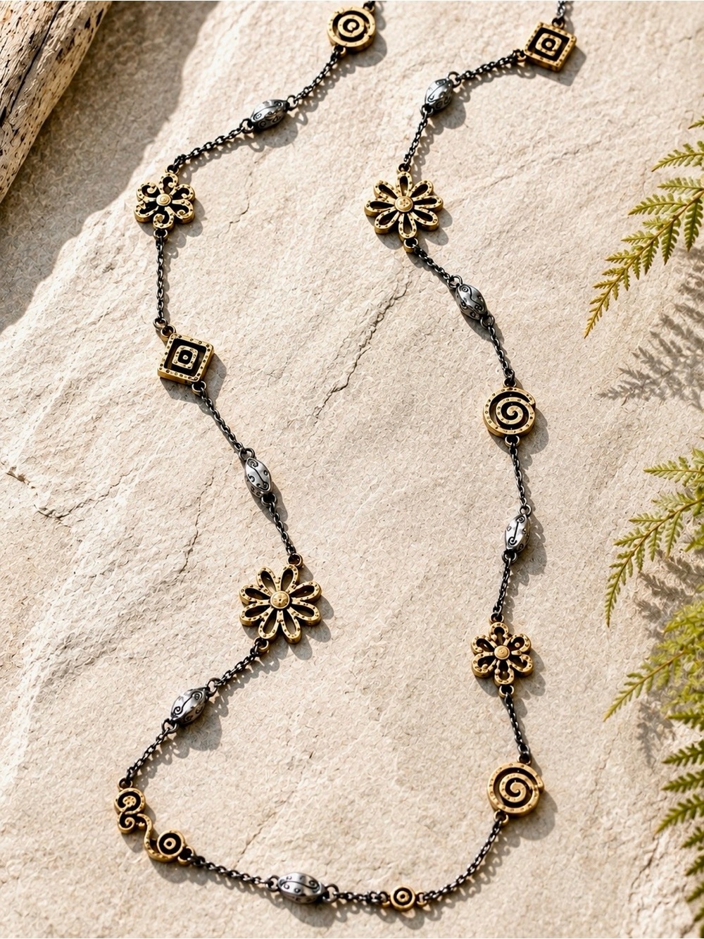 Brighton Retired Floral Spiral Station Necklace 39” Silver Gold Boho